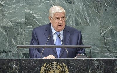 Walid Al-Moualem, ministre des affaires étrangères de Syrie, lors de la 71ème session de l'Assemblée générale des Nations unies au siège de l'ONU à New York, le 24 septembre 2016 (Crédit : AFP/Kena Betancur)