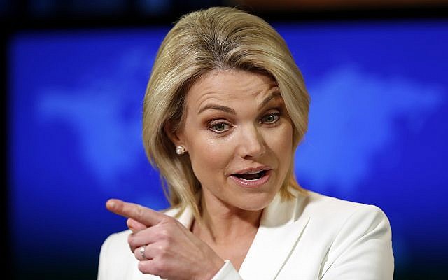 La porte-parole du Département d'État de l'époque, Heather Nauert, prend la parole lors d'une séance d'information au Département d'État à Washington le 9 août 2017. (AP Photo/Alex Brandon, Dossier) La porte-parole du Département d'État de l'époque, Heather Nauert, prend la parole lors d'une séance d'information au Département d'État à Washington le 9 août 2017. (AP Photo/Alex Brandon, Dossier)