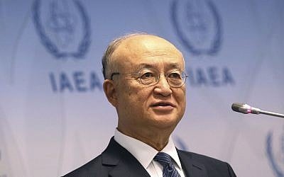Le directeur général de l'Agence internationale de l'énergie atomique (AIEA), le Japonais Yukiya Amano, s'exprime lors d'une conférence de presse après une réunion du conseil d'administration de l'Agence au centre international de Vienne, en Autriche, le 4 juin 2018 (Crédit :  Ronald Zak/AP)