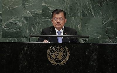 Le vice-président indonésien Jusuf Kalla  lors de la 73ème session de l'Assemblée générale des Nations unies, le 27 septembre 2018, au siège des Nations unies (Crédit : AP Photo/Frank Franklin II)