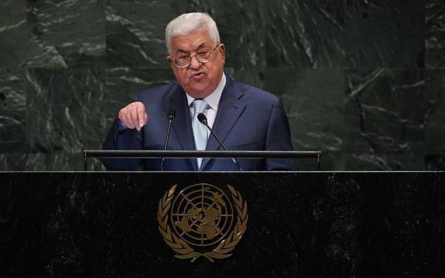 Le Président de l'Autorité palestinienne, Mahmoud Abbas, s'adresse à l'Assemblée générale des Nations Unies à New York le 27 septembre 2018. (TIMOTHY A. CLARY/AFP) Le Président de l'Autorité palestinienne, Mahmoud Abbas, s'adresse à l'Assemblée générale des Nations Unies à New York le 27 septembre 2018. (TIMOTHY A. CLARY/AFP)