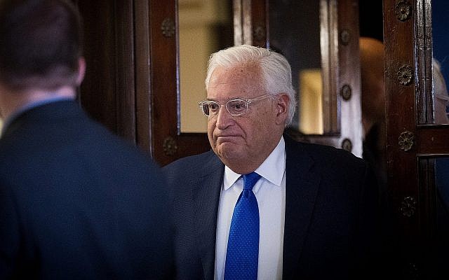 L'ambassadeur des États-Unis en Israël David Friedman à Jérusalem le 22 août 2018 (Yonatan Sindel/Flash90) L'ambassadeur des États-Unis en Israël David Friedman à Jérusalem le 22 août 2018 (Yonatan Sindel/Flash90)