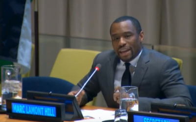 Marc Lamont Hill prend la parole aux Nations Unies le 28 novembre 2018. (Capture d'écran : YouTube)