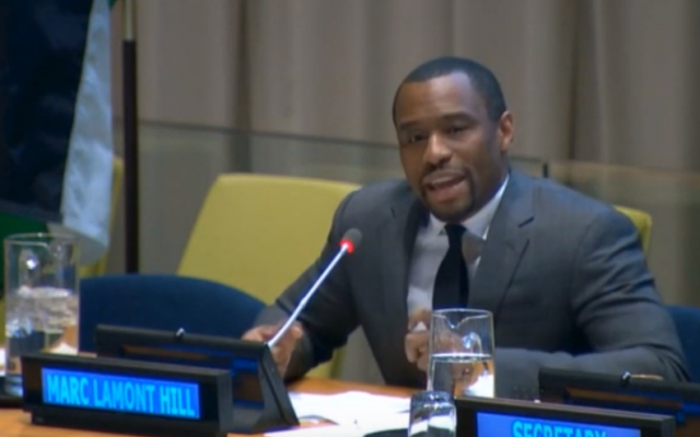 Marc Lamont Hill prend la parole aux Nations Unies le 28 novembre 2018. (Capture d'écran : YouTube) Marc Lamont Hill prend la parole aux Nations Unies le 28 novembre 2018. (Capture d'écran : YouTube)