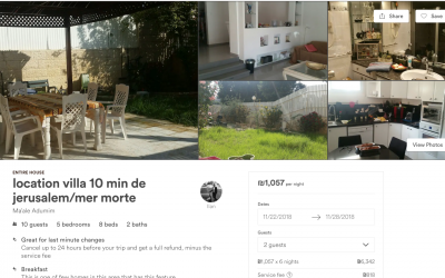 Une annonce Airbnb pour une maison à Maaleh Adumim, une ville de peuplement de Cisjordanie en banlieue de Jérusalem, telle que publiée sur le site Airbnb le 19 novembre 2018 au soir (Capture d'écran Airbnb)