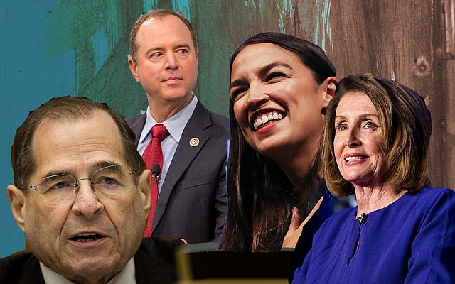 La nouvelle majorité démocrate à la Chambre des représentants avec, de gauche à droite, les législateurs juifs Jerrold Nadler et Adam Schiff dans des rôles clés, Alexandria Ocasio-Cortez représentant la gauche rebelle et Nancy Pelosi dans la course à la présidentielle. (Getty Images/via JTA)