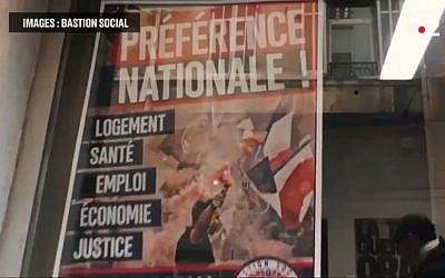 Affiche du Bastion social portant le slogan "Préférence nationale" (Crédit : capture d'écran France 2/Gizor/Youtube)