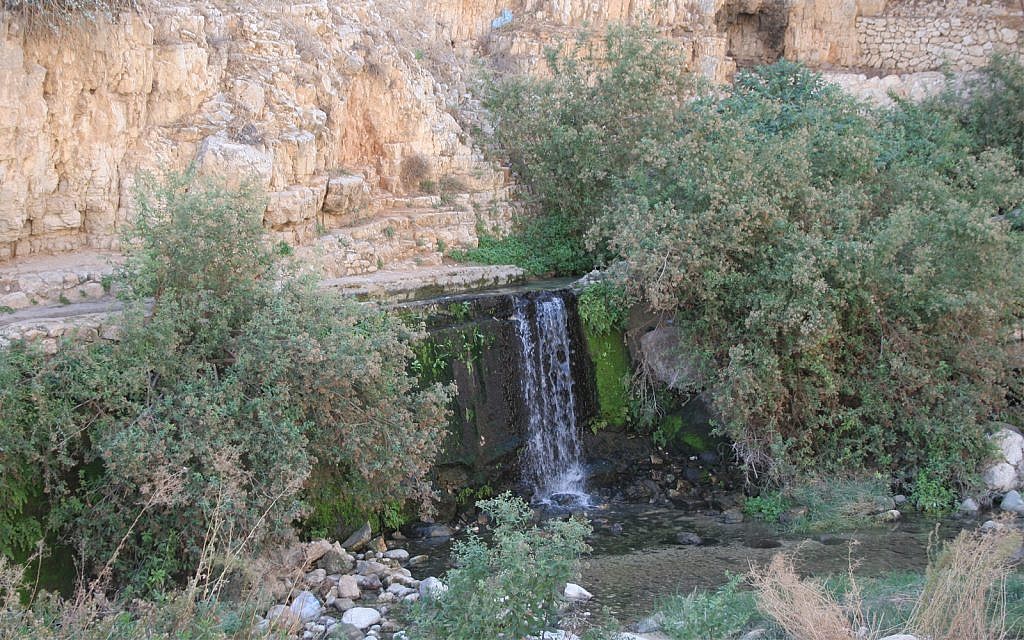 Une cascade à la source Ein Fawwar dans le désert de Judée (Crédit :  Shmuel Bar-Am)