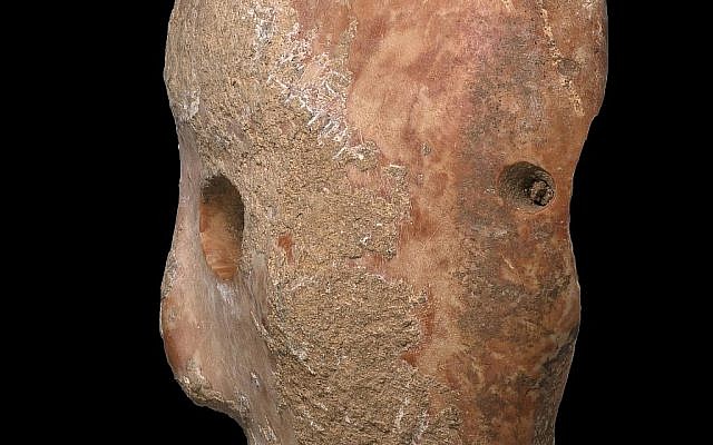 Vue de côté d'un masque en pierre de 9000 ans découvert dans le sud des collines de Hébron, en Cisjordanie, début 2018 (Crédit : Clara Amit, Autorité israélienne des antiquités) Vue de côté d'un masque en pierre de 9000 ans découvert dans le sud des collines de Hébron, en Cisjordanie, début 2018 (Crédit : Clara Amit, Autorité israélienne des antiquités)