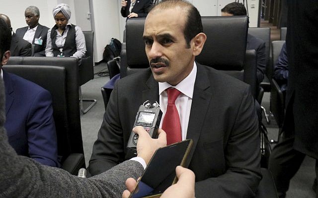 Le ministre qatari de l'Energie Saad Sherida Al-Kaabi le 6 décembre, 2018. (Crédit : AP/Ronald Zak) Le ministre qatari de l'Energie Saad Sherida Al-Kaabi le 6 décembre, 2018. (Crédit : AP/Ronald Zak)