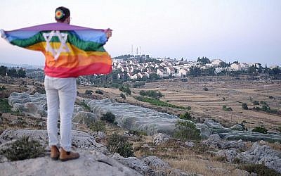 Un adolescent israélien enveloppé dans un drapeau gay près de l'implantation d'Efrat, le 3 juin 2018 (Crédit : Jacob Magid/Times of Israel)