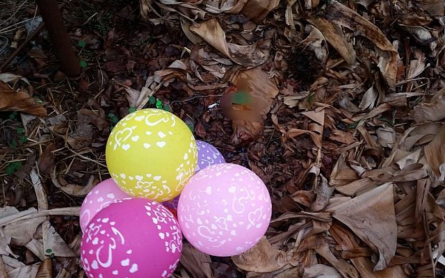Des ballons suspects découverts dans une communauté de la périphérie de Gaza, le 28 décembre 2018. (Crédit : unité du porte-parole de la police) Des ballons suspects découverts dans une communauté de la périphérie de Gaza, le 28 décembre 2018. (Crédit : unité du porte-parole de la police)
