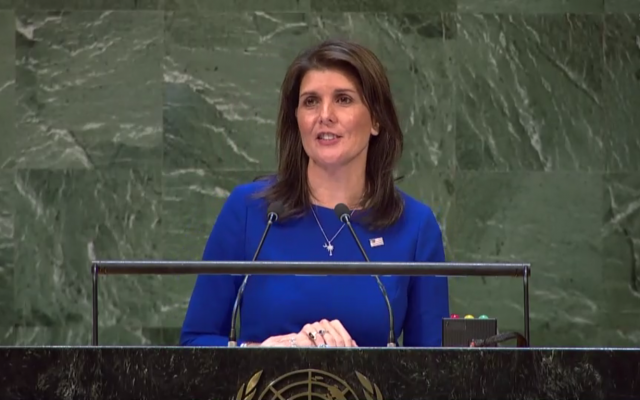 L'ambassadrice américaine aux Nations unies Nikki Haley lors d'un débat à l'Assemblée générale le 6 décembre 2018 (Capture d'écran : WebTV de l'ONU)