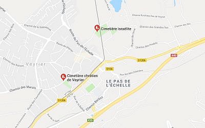 Localisation du cimetière israélite de Veyrier (Suisse), près de Genève (Crédit: capture d'écran Google Map)