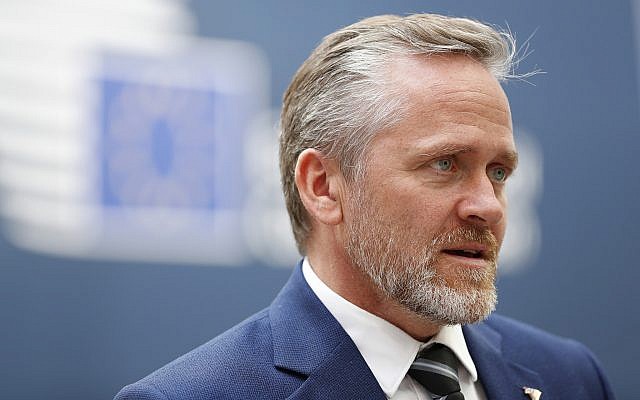 le chef de la diplomatie danoise Anders Samuelsen à Bruxelles, le 19 octobre 2018. (Crédit : Alastair Grant/AP)