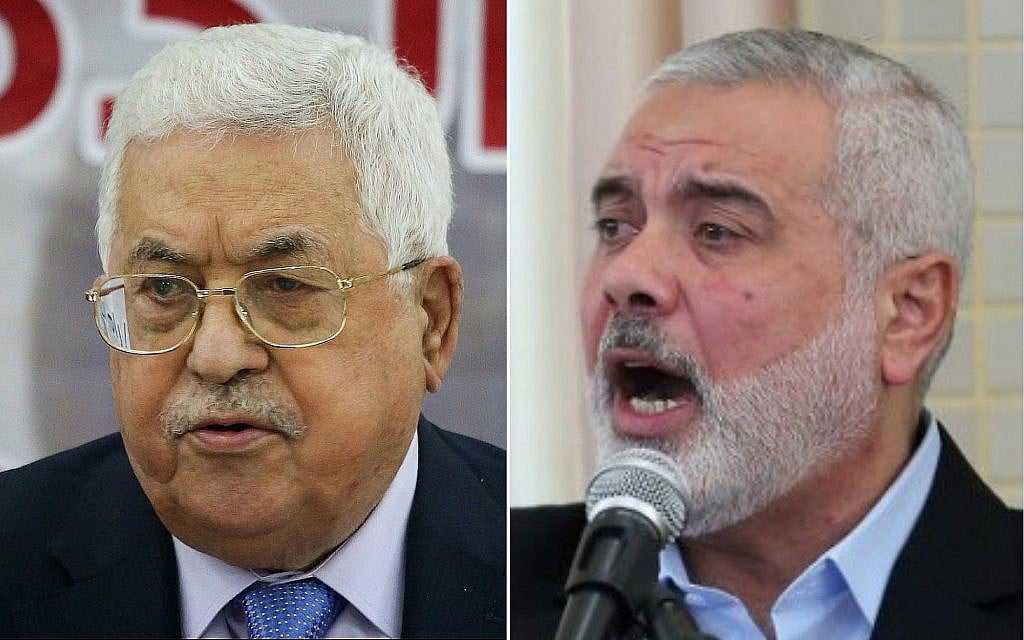 Le président de l'Autorité palestinienne Mahmoud Abbas (à gauche) et le dirigeant du Hamas Ismail Haniyeh (Crédit : Flash90, SAID KHATIB/AFP)