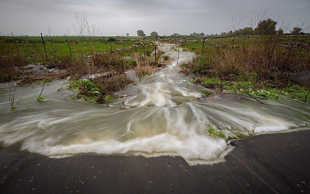 Un ruisseau déborde suite à des fortes pluies sur le plateau du Golan, le 14 janvier 2018 (Crédit : Maor Kinsbursky/Flash90) Un ruisseau déborde suite à des fortes pluies sur le plateau du Golan, le 14 janvier 2018 (Crédit : Maor Kinsbursky/Flash90)