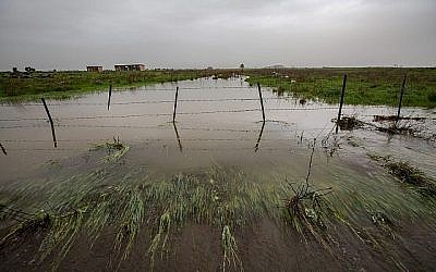 Un ruisseau déborde après les pluies sur le plateau du Golan, le 14 janvier 2019 (Crédit :  Maor Kinsbursky/Flash90)