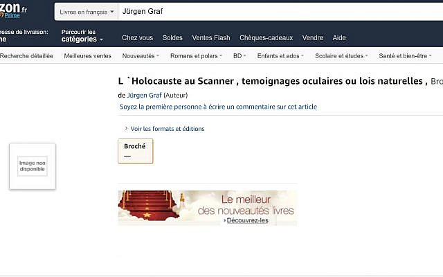 L'ouvrage négationniste de Jurgen Graf, interdit en France reste disponible sur la plateforme Amazon (Crédit : capture d'écran le 23/01/19 du site Amazon)