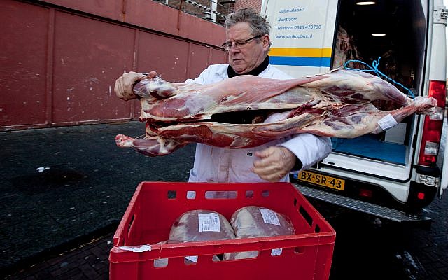 A titre d'illustration : Un agneau abattu rituellement et livré à une boucherie halal à La Haye, Pays-Bas, le 13 décembre 2011. (AP Photo/Peter Dejong) A titre d'illustration : Un agneau abattu rituellement et livré à une boucherie halal à La Haye, Pays-Bas, le 13 décembre 2011. (AP Photo/Peter Dejong)