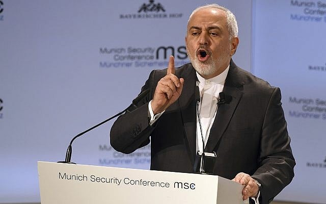 Le ministre iranien des Affaires étrangères, Mohammad Javad Zarif, prononce une allocution lors de la Conférence de Munich sur la sécurité à Munich, en Allemagne, le 17 février 2019. (AP Photo/Kerstin Joensson) Le ministre iranien des Affaires étrangères, Mohammad Javad Zarif, prononce une allocution lors de la Conférence de Munich sur la sécurité à Munich, en Allemagne, le 17 février 2019. (AP Photo/Kerstin Joensson)