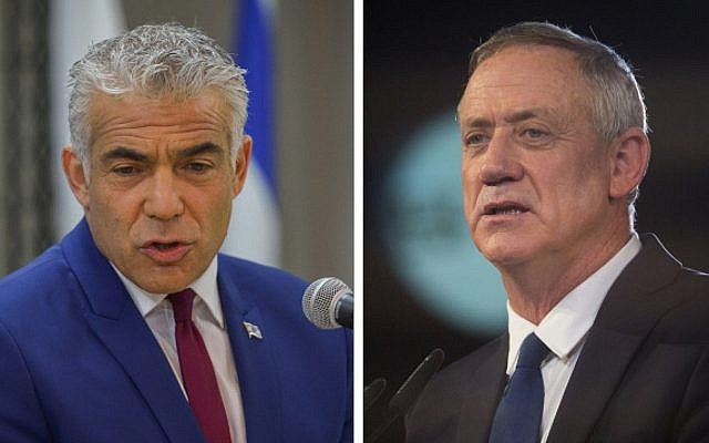 Le chef du parti Yesh Atid, Yair Lapid (à gauche) et le chef du parti Hossen LeYisrael, Benny Gantz. (Yossi Zeliger/Flash90, Hadas Parush/Flash90)