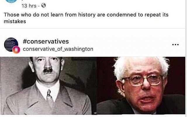 Copie d'écran de la publication Facebook qui a comparé Bernie Sanders à Adolf Hitler. Copie d'écran de la publication Facebook qui a comparé Bernie Sanders à Adolf Hitler.