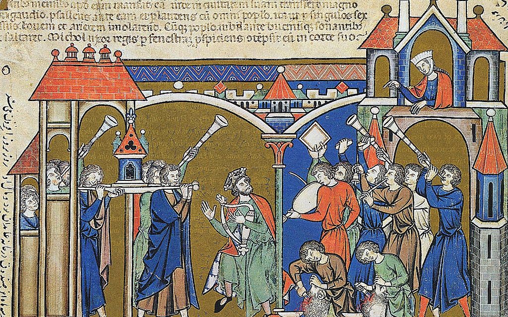 Illustration tirée de la Bible Morgan du 13ème siècle montrant David qui apporte l'Arche à Jérusalem (2 Samuel 6). (Domaine public via wikipedia)