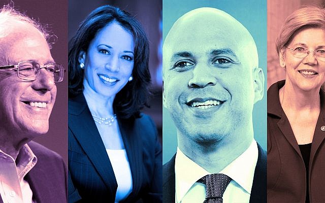 Depuis la gauche : Les sénateurs Bernie Sanders, Kamala Harris, Cory Booker et Elizabeth Warren. (Crédit : Wikimedia Commons via JTA) Depuis la gauche : Les sénateurs Bernie Sanders, Kamala Harris, Cory Booker et Elizabeth Warren. (Crédit : Wikimedia Commons via JTA)