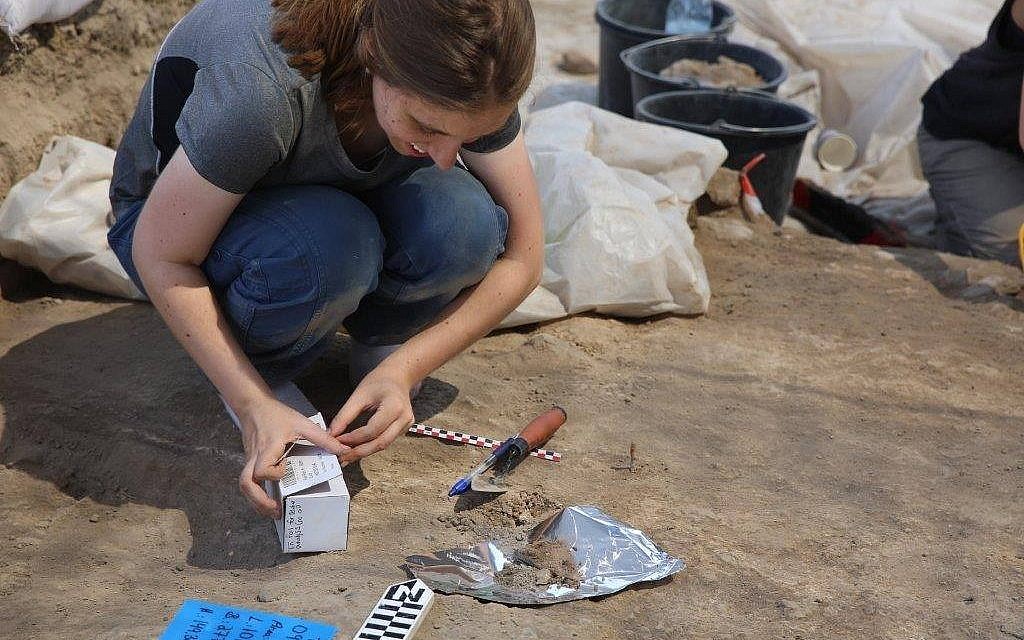Rivka Chasan, étudiante en doctorat à l'université d'Haïfa, lors d'une fouille à Tel Tsaf en 2017. (Photo personnelle).