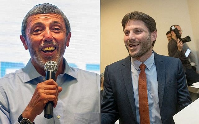 A gauche, le rabbin Rafi Peretz, chef d’HaBayit HaYehudi, s’exprimant à la convention du parti à Ramat Gan le 4 février 2019. A droite, Bezalel Smotrich célèbre son élection à la tête du parti Union nationale, à l’hôtel Crown Plaza de Jérusalem, le 14 janvier 2019. (Crédit : Yonatan Sindel/FLash90)