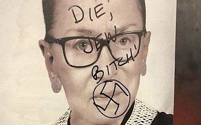Une affiche pour un livre de Ruth Bader Ginsburg a été vandalisée à Brooklyn. (Chevi Friedman/Twitter/via JTA)