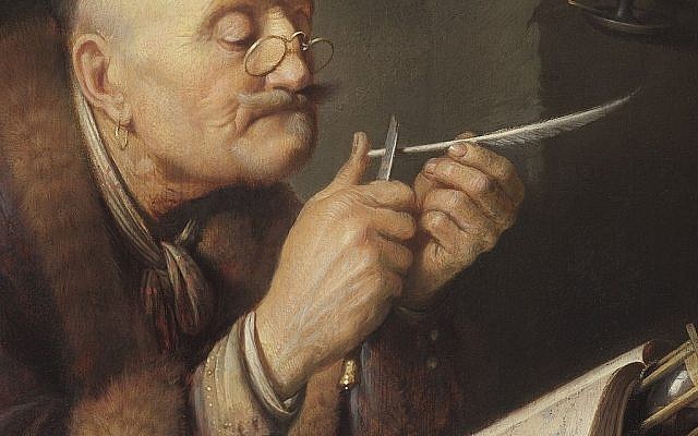 Une toile de 1639, intitulée "A scholar sharpening his quill" ("Savant aiguisant sa plume") du peintre hollandais Salomon Koninck. (Crédit : Wikimedia Commons) Une toile de 1639, intitulée "A scholar sharpening his quill" ("Savant aiguisant sa plume") du peintre hollandais Salomon Koninck. (Crédit : Wikimedia Commons)