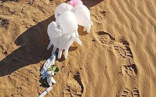 Un objet suspect attaché à un bouquet de ballons retrouvé dans la région d'Eshkol, au sud d’Israël, le 11 mars 2019. (Crédit : conseil régional d'Eshkol) Un objet suspect attaché à un bouquet de ballons retrouvé dans la région d'Eshkol, au sud d’Israël, le 11 mars 2019. (Crédit : conseil régional d'Eshkol)