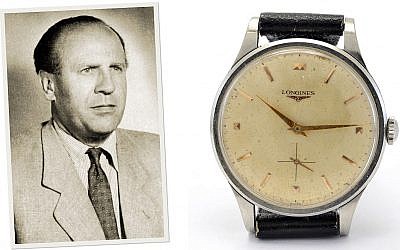 Oskar Schindler et sa montre, vendue lors d'une vente aux enchères à Boston en mars 2019. (Crédit : RR Auction)