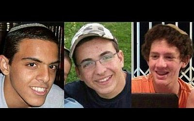 Eyal Yifrah, 19 ans, Gilad Shaar, 16 ans et Naftali Fraenkel, 16 ans, les trois adolescents israéliens kidnappés le 12 juin 2014 et dont les dépouilles avaient été retrouvées le 30 juin 2014 (Crédit : Armée israélienne/AP) Eyal Yifrah, 19 ans, Gilad Shaar, 16 ans et Naftali Fraenkel, 16 ans, les trois adolescents israéliens kidnappés le 12 juin 2014 et dont les dépouilles avaient été retrouvées le 30 juin 2014 (Crédit : Armée israélienne/AP)