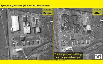 Des photos par satellite diffusées par ImageSat International montrent des bâtiments qui ont été touchés par des frappes attribuées à Israël contre une base militaire syrienne à Masyaf, dans la province de Hama, le 12 avril 2019 (Crédit : ImageSat International)