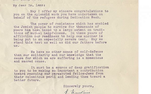 Une lettre de 1939 vendue aux enchères au prix de 134 343 dollars, écrite par Albert Einstein (Autorisation : Nate D. Sanders Auctions via JTA)