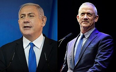 Le Premier ministre Benjamin Netanyahu, (à gauche), et Benny Gantz. (Hadas Parush/Tomer Neuberg/Flash90)