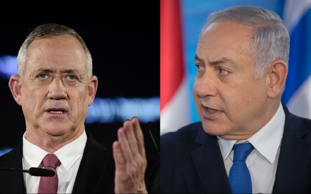 Le Premier ministre Benjamin Netanyahu, à droite, et le chef du parti Kakhol lavan Benny Gantz. (Crédit : Noam Revkin Fenton/Flash90; Tomer Neuberg/Flash90)