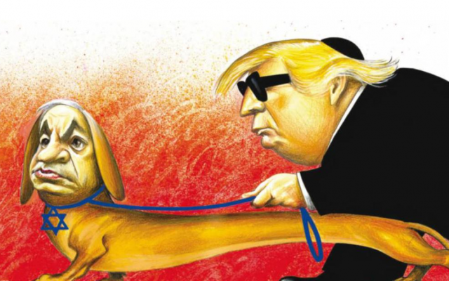 Une caricature du Premier ministre Benjamin Netanyahu et du président américain Donald Trump publiée dans l'édition internationale du "New York Times" du 25 avril 2019, dont le journal a reconnu plus tard qu'elle "reprenait des tropes antisémites". (Autorisation)