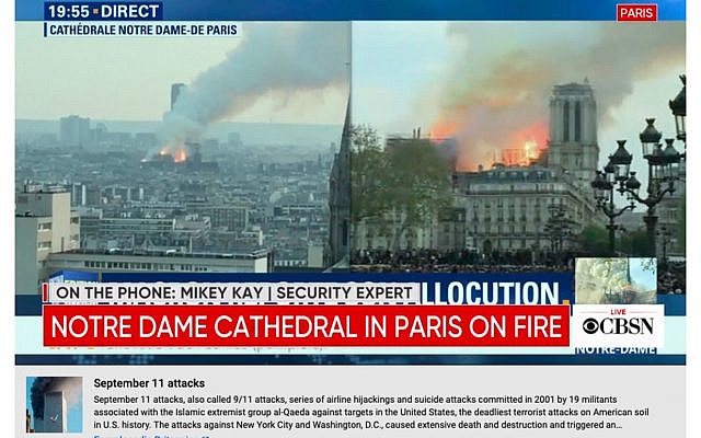 YouTube diffuse t par erreur sous les images de la Notre Dame en flammes un bandeau informatif évoquant les attentats du 11 septembre. (Capture d'écran)