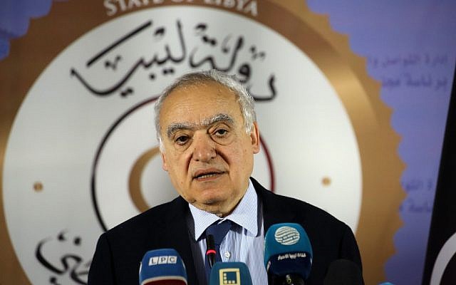 L'émissaire de l'ONU pour la Libye, Ghassan Salamé, le 6 avril 2019. (Crédit : Mahmud TURKIA / AFP) L'émissaire de l'ONU pour la Libye, Ghassan Salamé, le 6 avril 2019. (Crédit : Mahmud TURKIA / AFP)