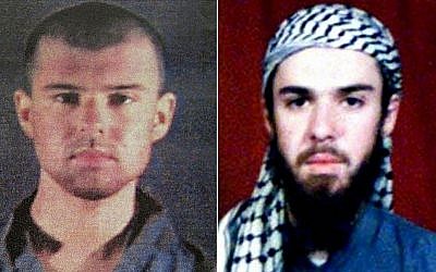 (MONTAGE) Le taliban américain John Walker Lindh, le 6 février 2002, à droite, sur les fichiers de police, et le 11 février 2002 au Pakistan. (Crédit : AFP)