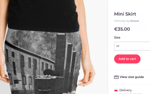 Image d'une publicité pour des jupes et des coussins qui utilisent des photos du camp de la mort d'Auschwitz-Birkenau qui a provoqué un scandale. (Crédit : capture d'écran Twitter) Image d'une publicité pour des jupes et des coussins qui utilisent des photos du camp de la mort d'Auschwitz-Birkenau qui a provoqué un scandale. (Crédit : capture d'écran Twitter)