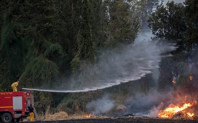 Des pompiers tentent d'éteindre un feu de forêt près du kibboutz Harel, le 23 mai 2019. (Crédit : Yonatan Sindel/Flash90) Des pompiers tentent d'éteindre un feu de forêt près du kibboutz Harel, le 23 mai 2019. (Crédit : Yonatan Sindel/Flash90)