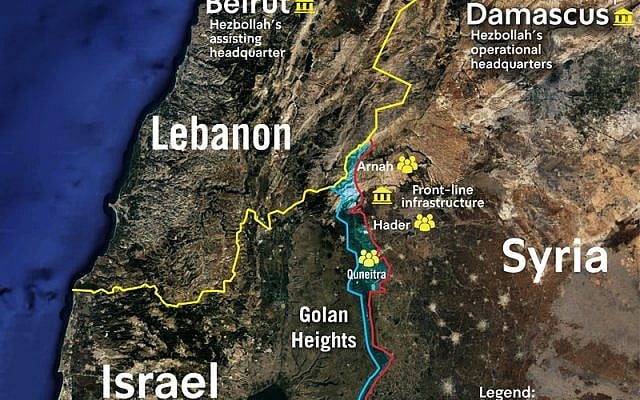 Une carte fournie par Tsahal montre les localisations approximatives de cellules actives du Hezbollah le long de la frontière syrienne avec Israël, publiée le 13 mars 2019. (Crédit : Tsahal) Une carte fournie par Tsahal montre les localisations approximatives de cellules actives du Hezbollah le long de la frontière syrienne avec Israël, publiée le 13 mars 2019. (Crédit : Tsahal)