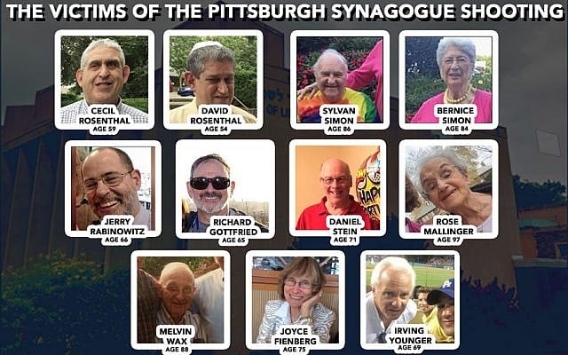 Les victimes de la fusillade de la synagogue de Pittsburgh, le 27 octobre 2018.(Facebook/Google Maps/JTA Collage) Les victimes de la fusillade de la synagogue de Pittsburgh, le 27 octobre 2018.(Facebook/Google Maps/JTA Collage)