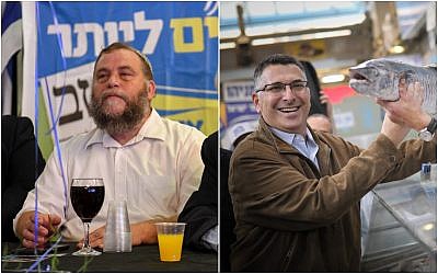 Gideon Saar, (à droite), lors d'une tournée électorale du Likud à Jérusalem, le 4 avril 2019. (Photo par Hadas Parush/Flash90) ; Benzi Gopstein, (à gauche) président de Lehava, assiste à une campagne électorale de l'Union des partis de droite à Bat Yam, le 6 avril 2019. (Flash90)