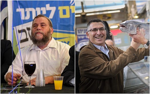 Gideon Saar, (à droite), lors d'une tournée électorale du Likud à Jérusalem, le 4 avril 2019. (Photo par Hadas Parush/Flash90) ; Benzi Gopstein, (à gauche) président de Lehava, assiste à une campagne électorale de l'Union des partis de droite à Bat Yam, le 6 avril 2019. (Flash90) Gideon Saar, (à droite), lors d'une tournée électorale du Likud à Jérusalem, le 4 avril 2019. (Photo par Hadas Parush/Flash90) ; Benzi Gopstein, (à gauche) président de Lehava, assiste à une campagne électorale de l'Union des partis de droite à Bat Yam, le 6 avril 2019. (Flash90)